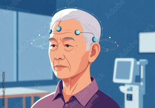 Elderly asian male with neurotechnology devices in a modern research facility photo