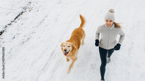Happy woman running with golden retriever dog on winter street.