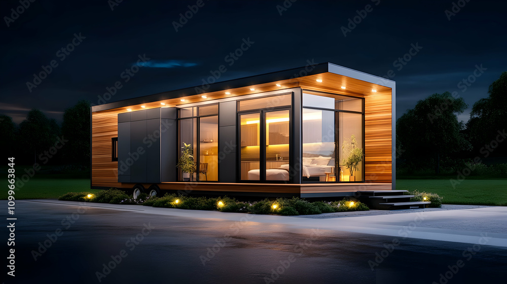 Obraz premium Modern tiny house exterior at night with LED lighting