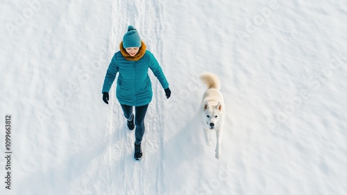Happy woman jogging with her dog on winter street