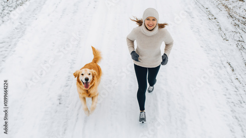 Happy woman running with golden retriever dog on winter street.