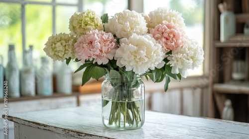 Wallpaper Mural A beautiful bouquet of peonies and hydrangeas in a clear glass jar, set against a bright and airy background, Perfect for home decor, floral arrangements, or as a centerpiece in various settings, Torontodigital.ca