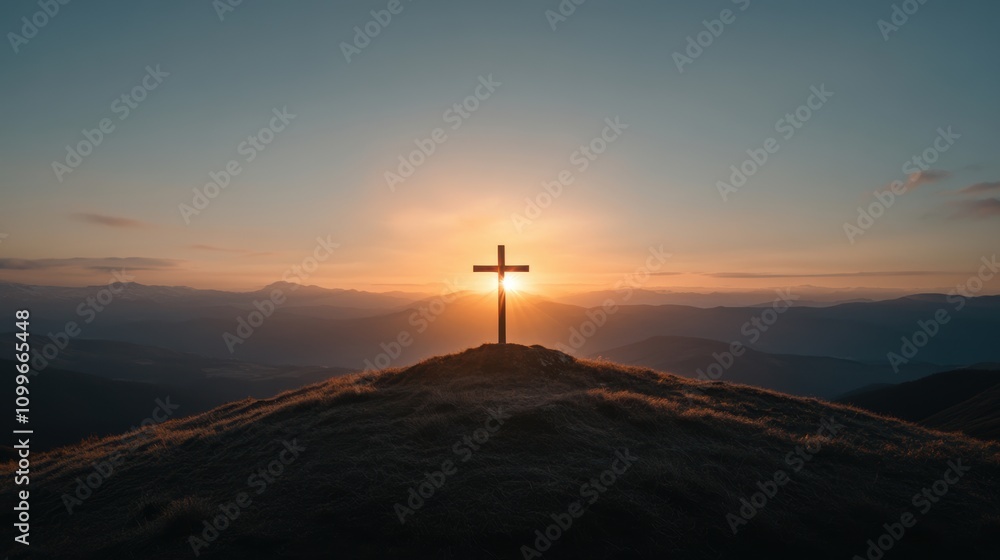 Obraz premium spiritual reflection, one crucifix stands alone atop a hill, outlined by the setting sun, inviting calmness and introspection in the serene setting