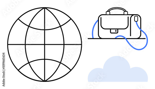Globe representing global reach, briefcase indicating business and professional work, and cloud symbolizing cloud computing. Ideal for business, travel, global trade, cloud services, professional