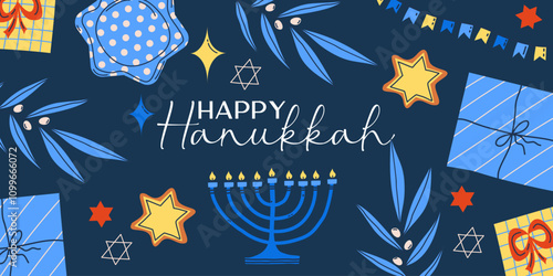 Hanukkah background for holiday. Candle, star and gift for happy hannukah. Vector illustration background