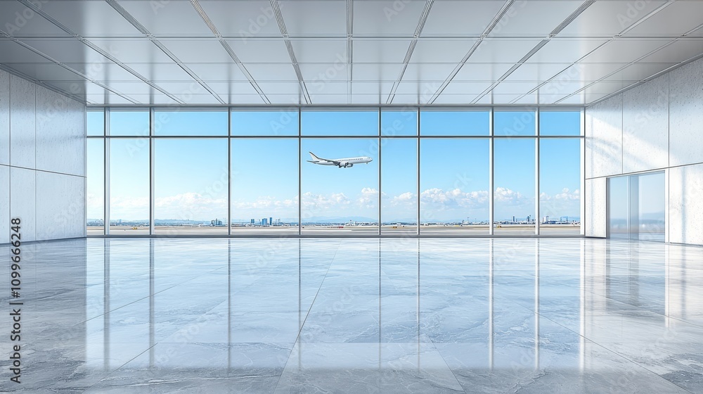 Fototapeta premium Modern Empty Airport Terminal, Panoramic Windows with Cityscape View and Airplane Taking Flight
