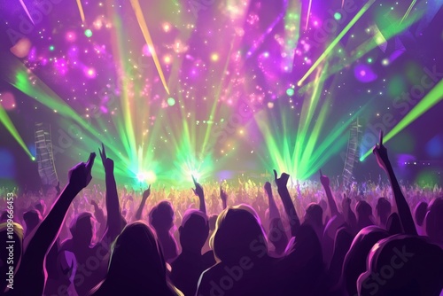 Vibrant Concert Scene with Enthusiastic Crowd Enjoying Music Under Colorful Lights and Laser Beams at a Live Event