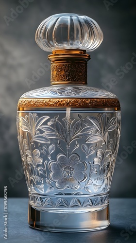 Wallpaper Mural A bottle of high-quality perfume with a golden engraved exterior a glass bottle and Tyndall lighting effects Torontodigital.ca