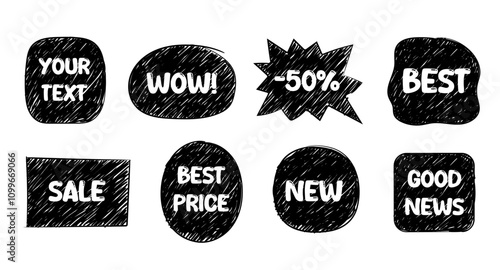Black color hand drawn ink pen brush stroke text blocks. Set of hand drawing vector banners.