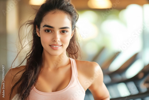 Free Download A beautiful Indian woman is running on the treadmill in a fitness gym - GFXLoad