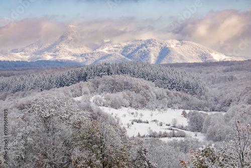 Magura Fericii Peak in Apuseni Mountains covered in snow