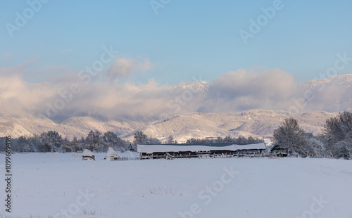 Small farm located in Saliste de Beius, Apuseni Mountains in winter landscape