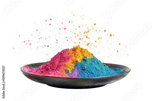 A vibrant pile of Holi powder on a round plate, on a white background. PNG transparent. photo