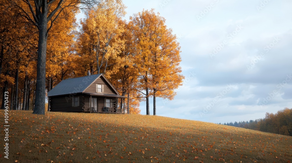 Fototapeta premium A cozy, rustic cabin nestled on a hill surrounded by autumn trees and falling leaves cabin on a hill, autumn serenity