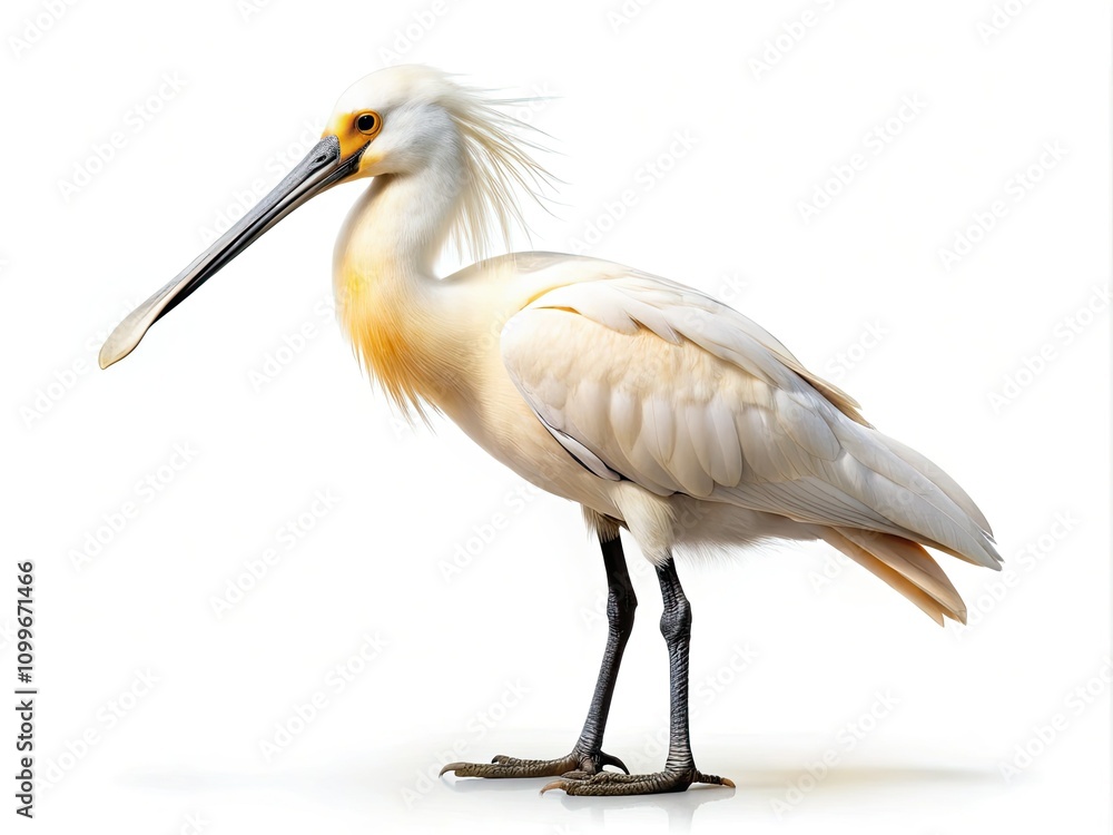 Obraz premium Stunning Eurasian Spoonbill on White Background - Full Length Wading Bird Photography for Nature Lovers and Wildlife Enthusiasts