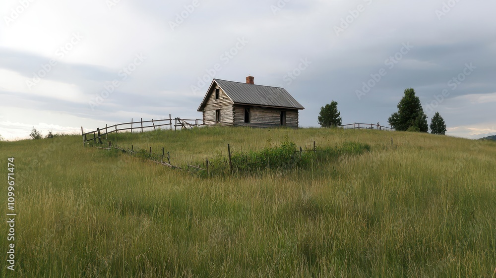 Obraz premium Abandoned cabin on a hill, with a broken fence and overgrown weeds encircling the house abandoned cabin, forgotten hilltop