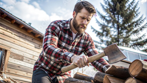 Craftsman splits logs with precision under a clear sky in a rustic outdoor setting surrounded by nature. photo