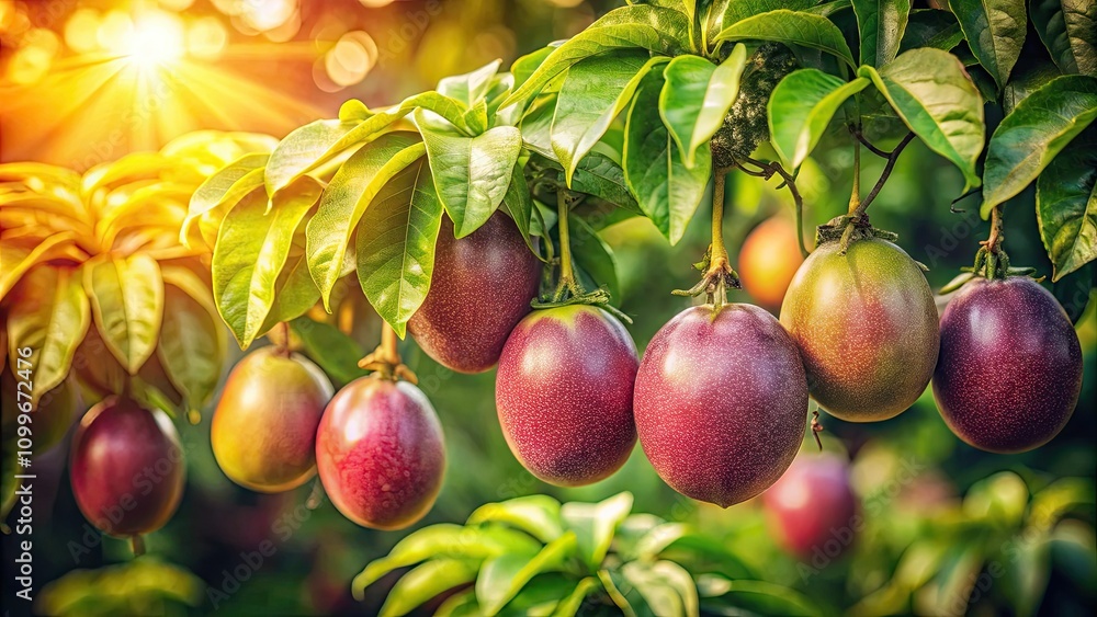 Obraz premium Vintage Style Photography of Passion Fruit Tree with Ripe Fruits and Lush Green Leaves Bathed in Sunlight - Tropical Garden Aesthetics and Nature's Bounty