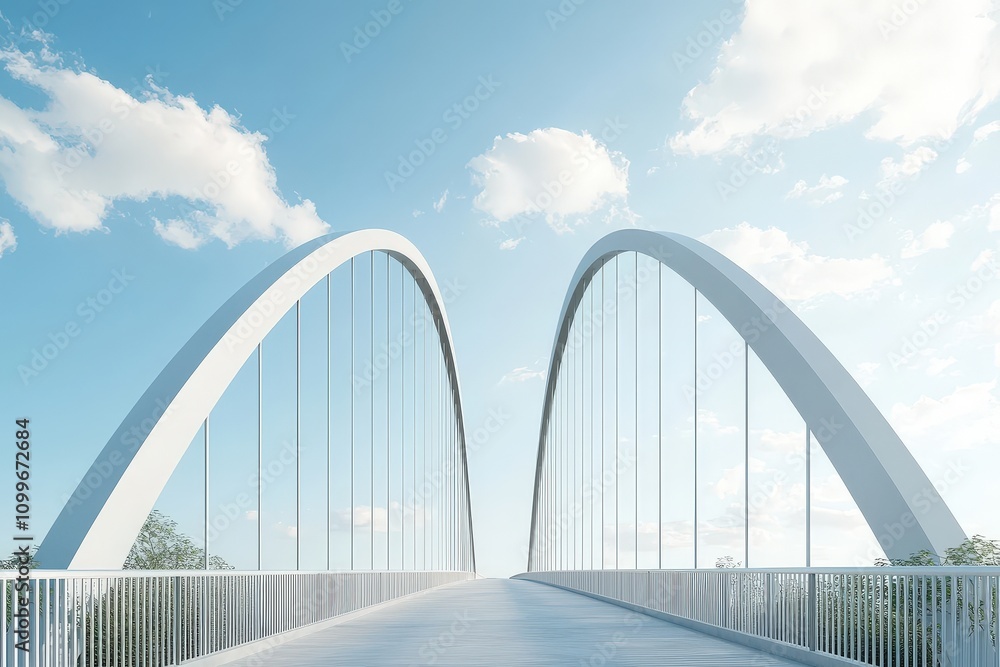 Fototapeta premium Modern Arch Bridge with Clear Blue Sky and Soft Clouds, Capturing the Essence of Architectural Design and Urban Infrastructure in a Serene Landscape