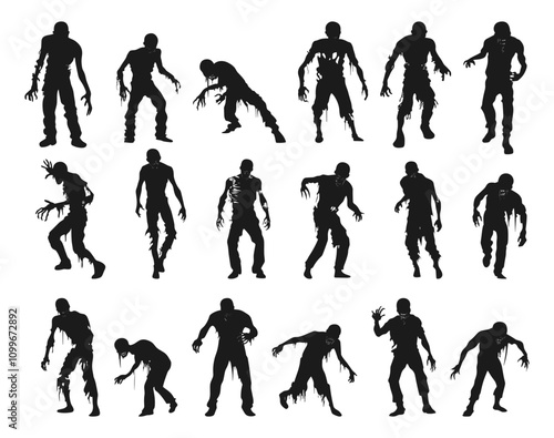 Zombie Black Silhouettes Set on White Background with Clean Lines Halloween Design Horror Art Simple Graphic Design Undead Characters Collection Creepy Icons