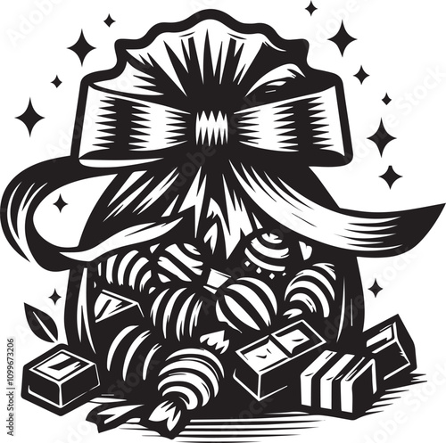 Vintage-style illustration of a gift bag overflowing with treasures. A black and white graphic illustration depicts a gift bag overflowing with various objects, seemingly treasures.