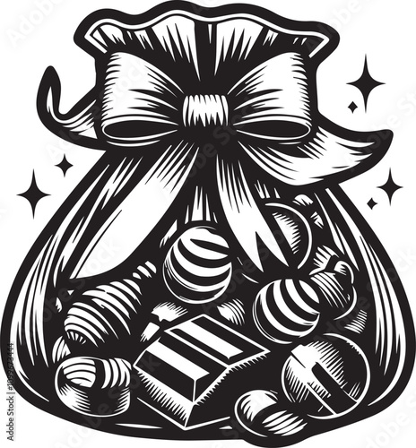 Vintage-style illustration of a gift bag overflowing with treasures. A black and white graphic illustration depicts a gift bag overflowing with various objects, seemingly treasures.