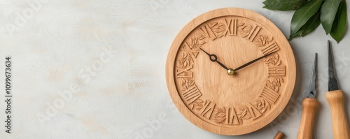 Wallpaper Mural A wooden clock with Roman numerals rests on a light surface, accompanied by crafting tools and green leaves, showcasing artisanal craftsmanship. Torontodigital.ca