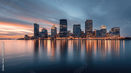 Wallpaper Mural Twilight descends on Abu Dhabi as vibrant lights from skyscrapers reflect on calm waters, creating a serene urban landscape Torontodigital.ca