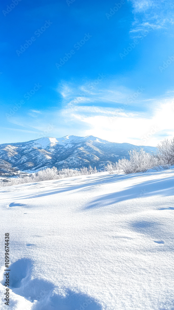 Obraz premium A snowy landscape with majestic mountains under a clear blue sky, showcasing the beauty of winter.