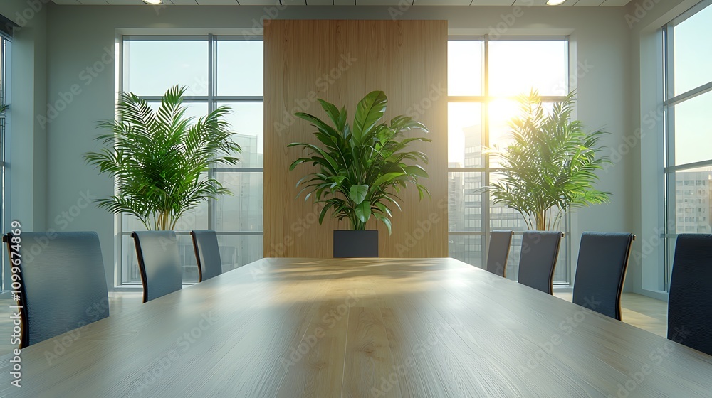 Fototapeta premium Business meeting setup with green plants modern office conference room bright atmosphere professional view