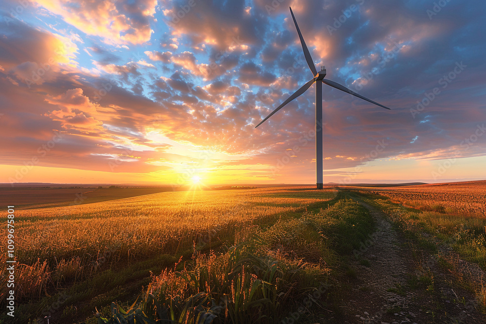 Obraz premium At sunset, a lone windmill graces the peaceful countryside, silhouetted against a fiery sky, surrounded by lush green meadows.