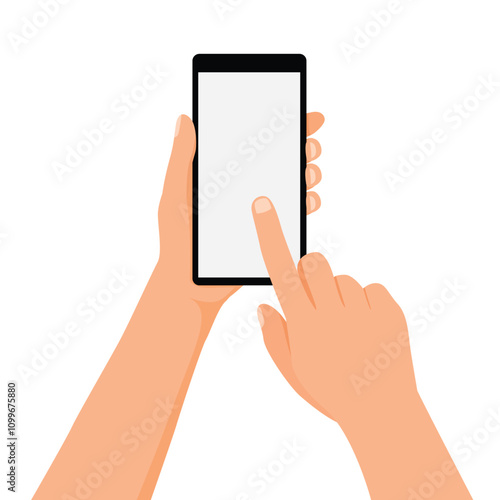 Hand holding smartphone with finger touching blank screen