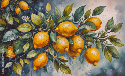 Painting of a branch with lemons and flowers. There are nine lemons on the branch photo