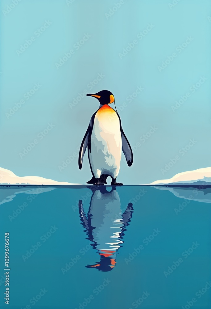 Obraz premium Artic penguin stands on ice reflecting in water. Minimalist art style. Cool blue tones. Nature scene. Pop art style. Ice floe. Water reflection. Wildlife photography. Penguin standing. Simple design.