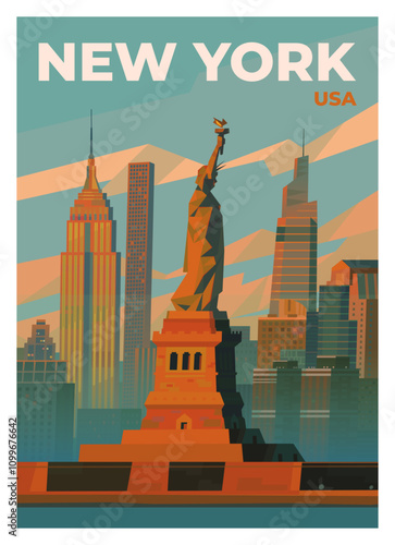 View of New York City, the bay, the island, the Statue of Liberty and the Empire State Building