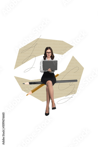 Picture collage of beautiful professional reviewer writing feedback using netbook isolated on drawing beige color background photo