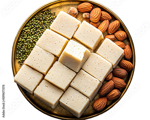 a plate of food with nuts and cubes photo