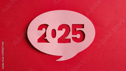 Happy New Year 2025, a cutout of the number 2025 in a speech bubble shape on a red background. Perfect for New Year's greetings, countdown visuals, or future-themed designs