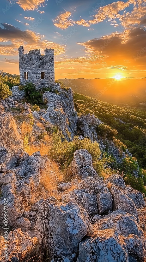 Fototapeta premium Ruined Stone Tower on Clifftop at Sunset
