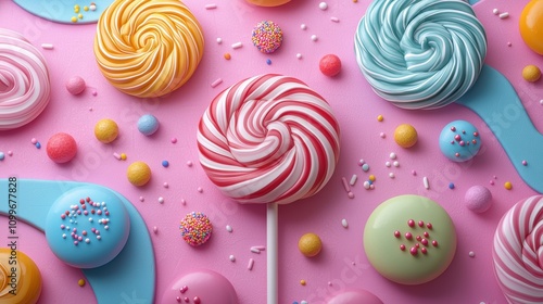 Colorful Assortment of Lollipops and Candies on Bright Pink Background Perfect for Sweet Treats, Desserts, Parties, and Celebrations