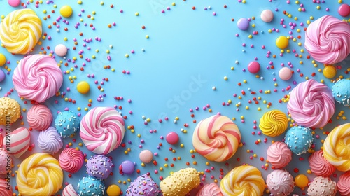Colorful Assortment of Candy and Sweets on a Vibrant Blue Background Ideal for Celebrations, Events, Birthdays, and Sweet Treat Themes