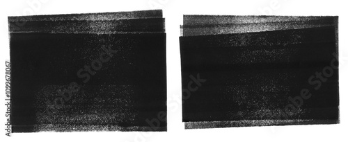 Linocut, relief printing horizontal rectangle textures. Black and white artistic linocutting text backgrounds with rough uneven edge. Paint roller stains set, wide textured lino ink remains.
