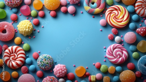 Colorful and Vibrant Arrangement of Assorted Sweets, Candies, and Treats on a Blue Background Perfect for Celebrations, Parties, and Sweet Shop Promotions