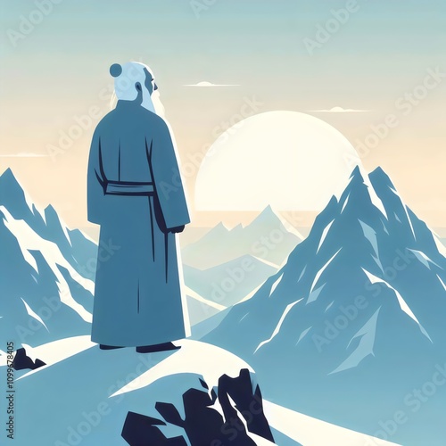 Samurai on the top of the mountain and sunrise.
