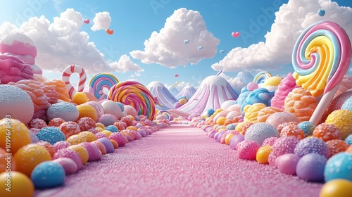 Whimsical Candyland Adventure with Colorful Treats, Swirls, and Fluffy Clouds in a Dreamy Landscape for Imagination and Playfulness
