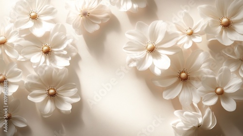 Spring Horizontal chamomille Floral banner. Daisy frame template. Beautiful spring or summer nature season background. Copy space for text, selective focus