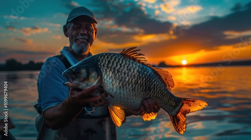 A fisherman wearing a hat proudly lifts a large fish that he has caught in the middle of an afternoon atmosphere that is orange like a sunset. photo