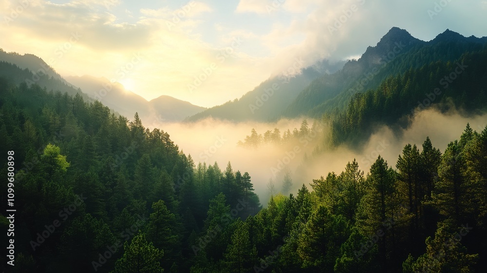 Fototapeta premium Misty Mountain Forest Sunrise Scenic Landscape Photography