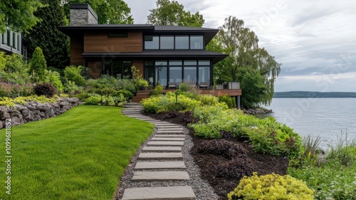 Lakefront house with a beautifully landscaped garden, sloping down to the water s edge with stepping stones   landscaped garden, lakefront elegance