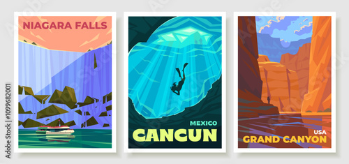 Niagara Falls. Niagara River, Canada, USA. Cenotes, Cancun, Mexico. Colorado River in Grand Canyon National Park.